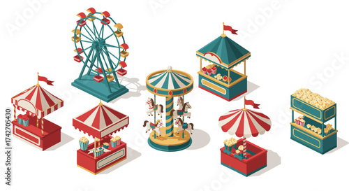 Isometric carnival fun: ferris wheel, carousel, and popcorn stands