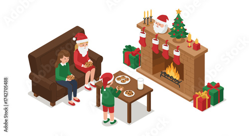 Cozy christmas scene with santa family by the fireplace and festive decor in…