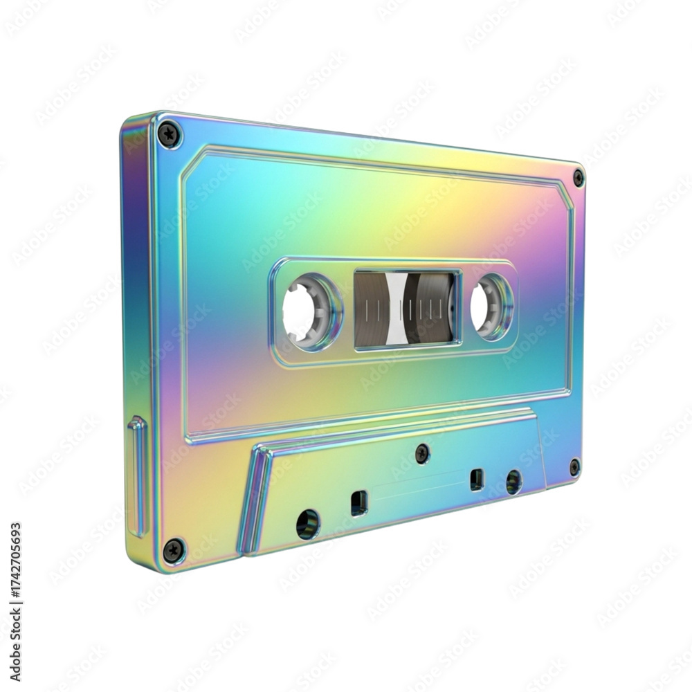 Obraz premium Iridescent holographic cassette tape isolated on transparent background