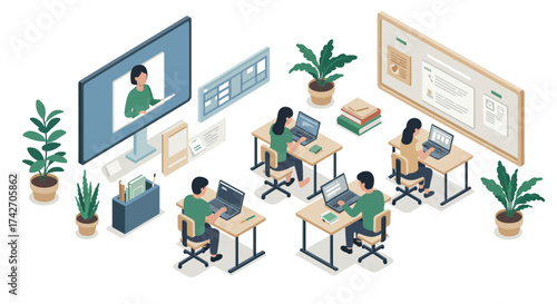 Isometric remote learning environment with laptops and virtual instructor