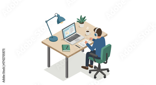 Remote work setup with laptop and headphones in modern home office isometric…
