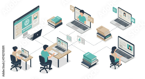 Collaborative remote work setup with laptops and virtual meetings in isometri…