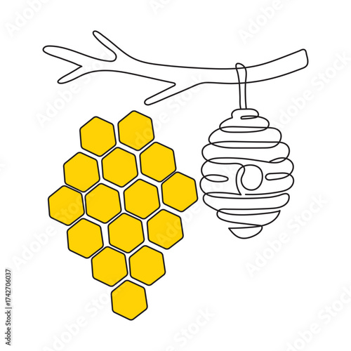 A drawing of a beehive and honeycomb done in one continuous line, editable line