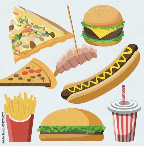 Delicious fast food collection Pizza, burger, hotdog, french fries, and a refreshing drink
