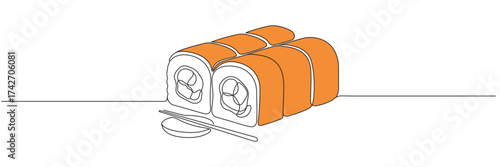 Continuous single line drawing of sushi rolls. Editable line.