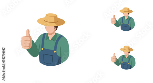 Farmer in overalls giving thumbs up gesture in isometric design with hat