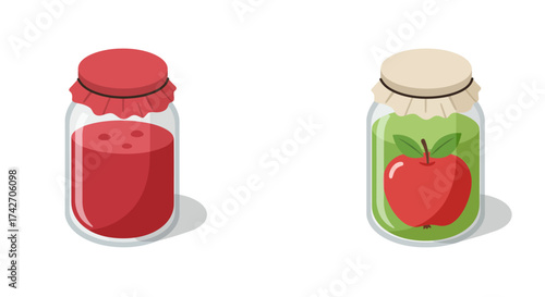 Isometric jars with apple juice and tomato sauce on white background