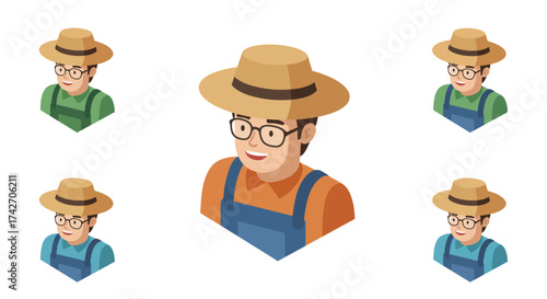 Isometric farmer character with hat in overalls on white background