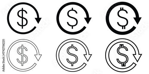 "Refund & Money Transfer Icon Set – Circular Arrow Payment, Chargeback, and Finance Symbols in Flat Outline Style"