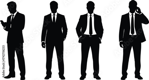 Businessman silhouette poses, phone usage, standing posture, formal attire, corporate gesture, professional style, vector, minimal, black, white, office