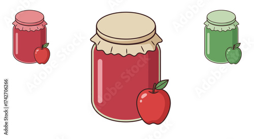 Colorful jam jars with apples in charming cartoon style