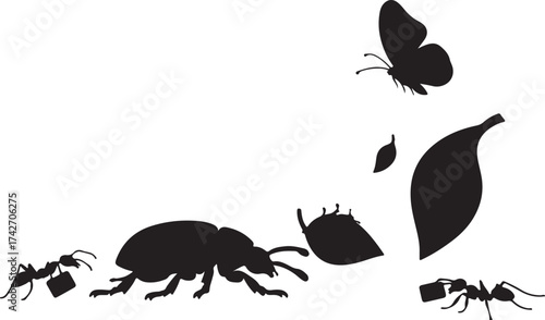 Black silhouette ants carrying bags near beetle and butterfly