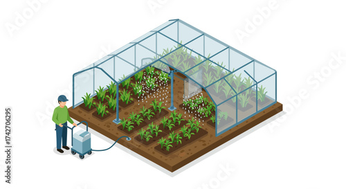 Isometric greenhouse farming scene with gardener watering healthy plants