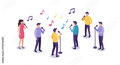 Isometric choir singing with musical notes in harmony