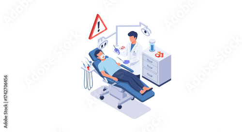 Dental clinic scene with patient and dentist in protective gear isometric art