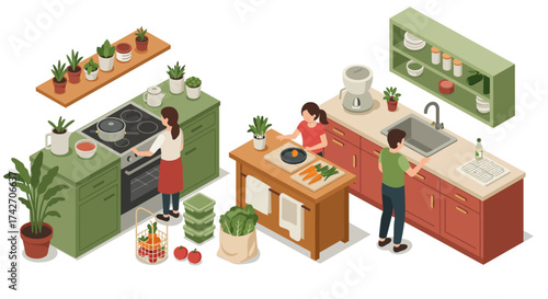Family cooking scene with fresh vegetables in isometric home kitchen space