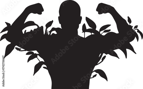 Black silhouette of muscular man with vines growing on arms