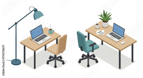 Isometric office workspace with laptops, chairs, and plants on desks