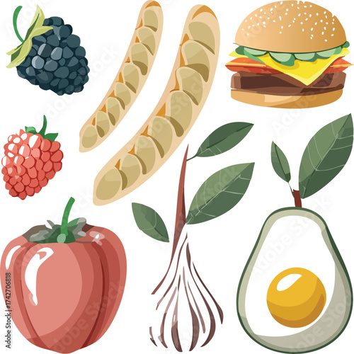 Delicious Assortment of Fresh Berries, Fruits, and a Juicy Burger A Colorful Food Illustration