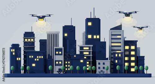 Futuristic night cityscape with drones flying above modern urban skyline