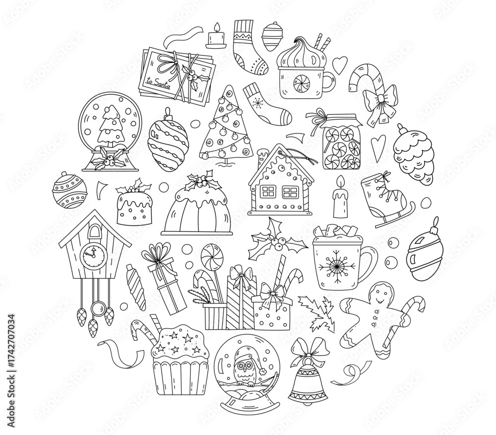 Fototapeta premium Christmas Coloring Page With A Circular Set Of New Year Illustrations Including Ornaments, Gingerbread, Skates, And Sweets