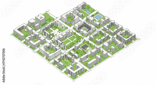 Isometric urban neighborhood map with buildings and green spaces