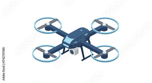 Isometric drone design with camera and blue accents