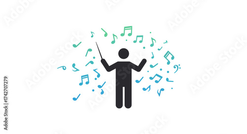 Conductor silhouette with colorful musical notes
