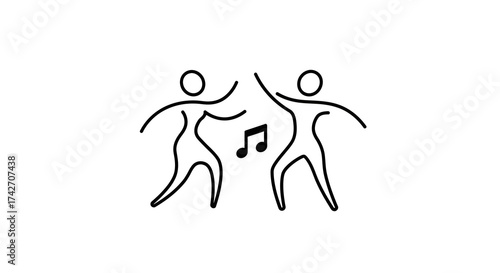 Dancing figures outline with music note on white background