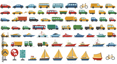 Diverse transportation icons collection featuring cars, bicycles, boats, and…