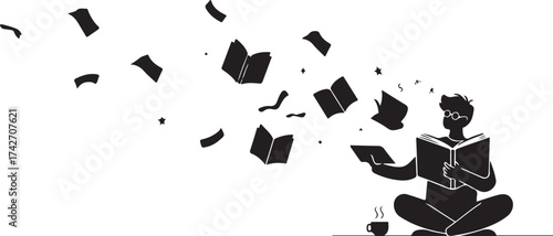 Silhouette of person reading book with pages flying away