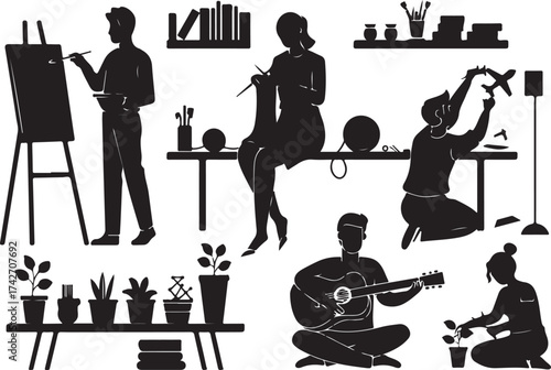 Silhouettes of people engaged in various hobbies and activities