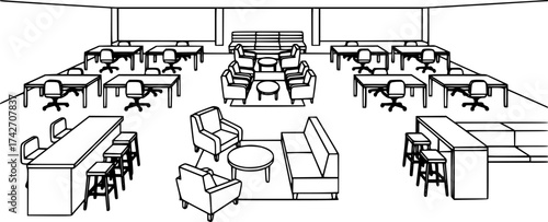 Outline of a coworking lounge with open desks and seating simple vector illustration.
