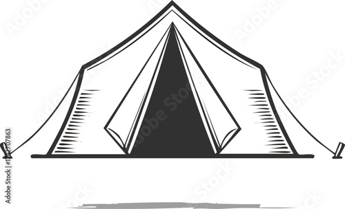 Black and white tent illustration for camping and outdoor adventure with ropes and stakes for travel