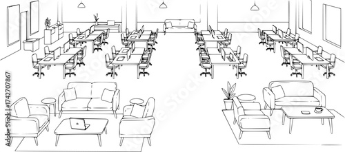 Outline of a coworking lounge with open desks and seating simple vector illustration.
