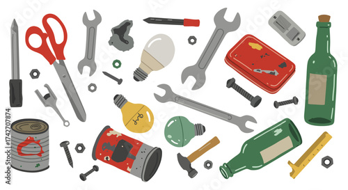 Collection of household tools and recyclable items in flat style