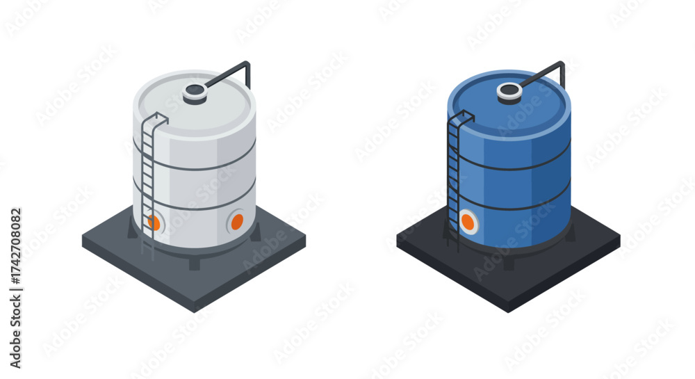 Isometric industrial storage tanks: white and blue variants with ladders