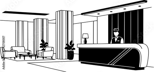 Minimalist outline of a luxury hotel lobby with reception desk vector illustration.
