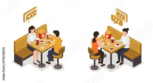 Isometric dining scene with characters enjoying fast food at restaurant booths