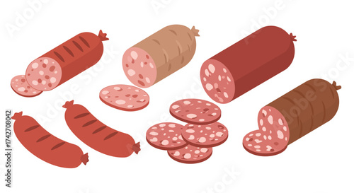 Variety of sliced meats in flat style design on white background