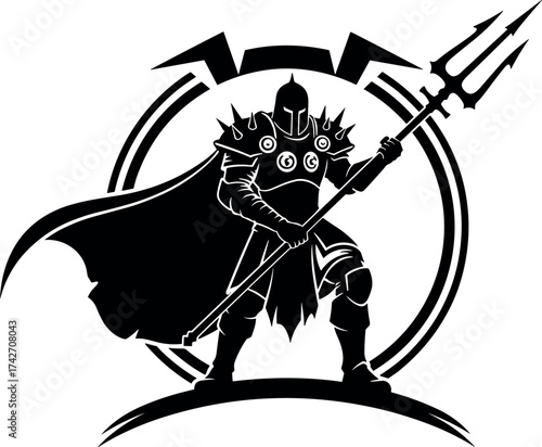 Warrior silhouette, fantasy fighter, trident weapon, heroic pose, battle armor, mythic character, dramatic cape, black and white, powerful stance, epic illustration, graphic art