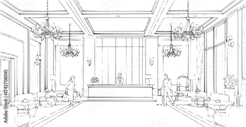 Minimalist outline of a luxury hotel lobby with reception desk vector illustration.
