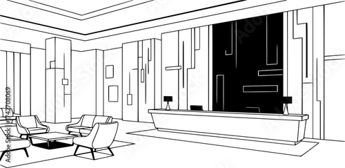 Minimalist outline of a luxury hotel lobby with reception desk vector illustration.

