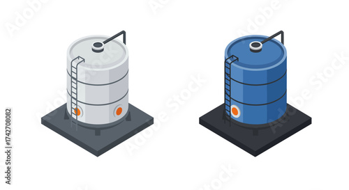 Isometric industrial storage tanks: white and blue variants with ladders