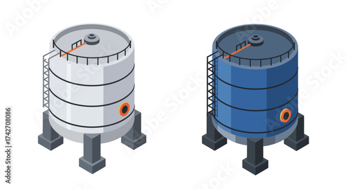 Isometric industrial storage tanks with stairs and ladders