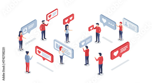 Isometric social interaction concept with people communicating and sharing me…