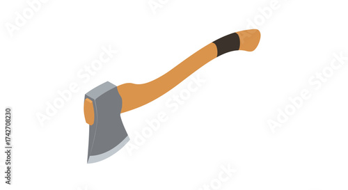 Isometric axe with wooden handle on white background