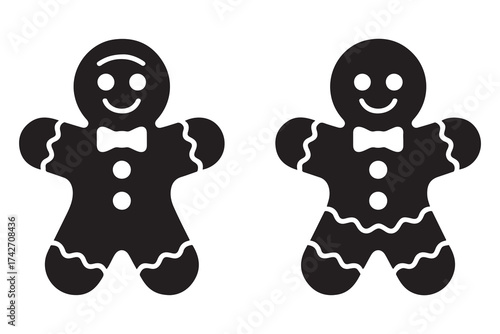 Gingerbread man cookies bakery icons vector set. Gingerbread man sweet dessert icon in line and flat style. Vector Black silhouettes. with white background