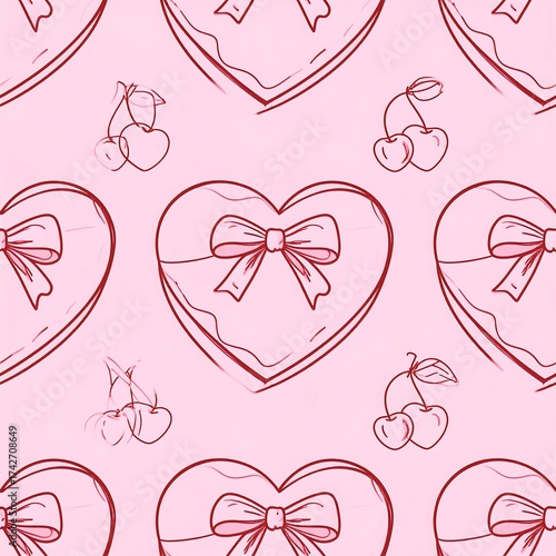 Pink seamless pattern featuring heart-shaped boxes and cherries