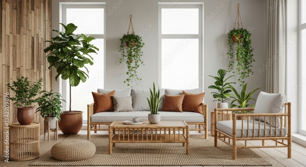 Fototapeta premium Cozy and inviting living room with abundant natural light and lush greenery